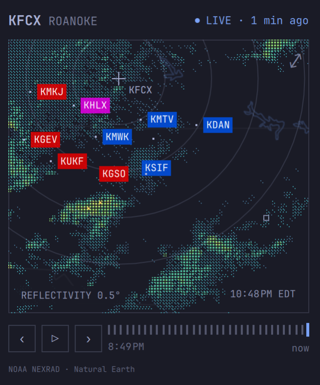 Omastorm bar popover with colored airport codes over the radar map.