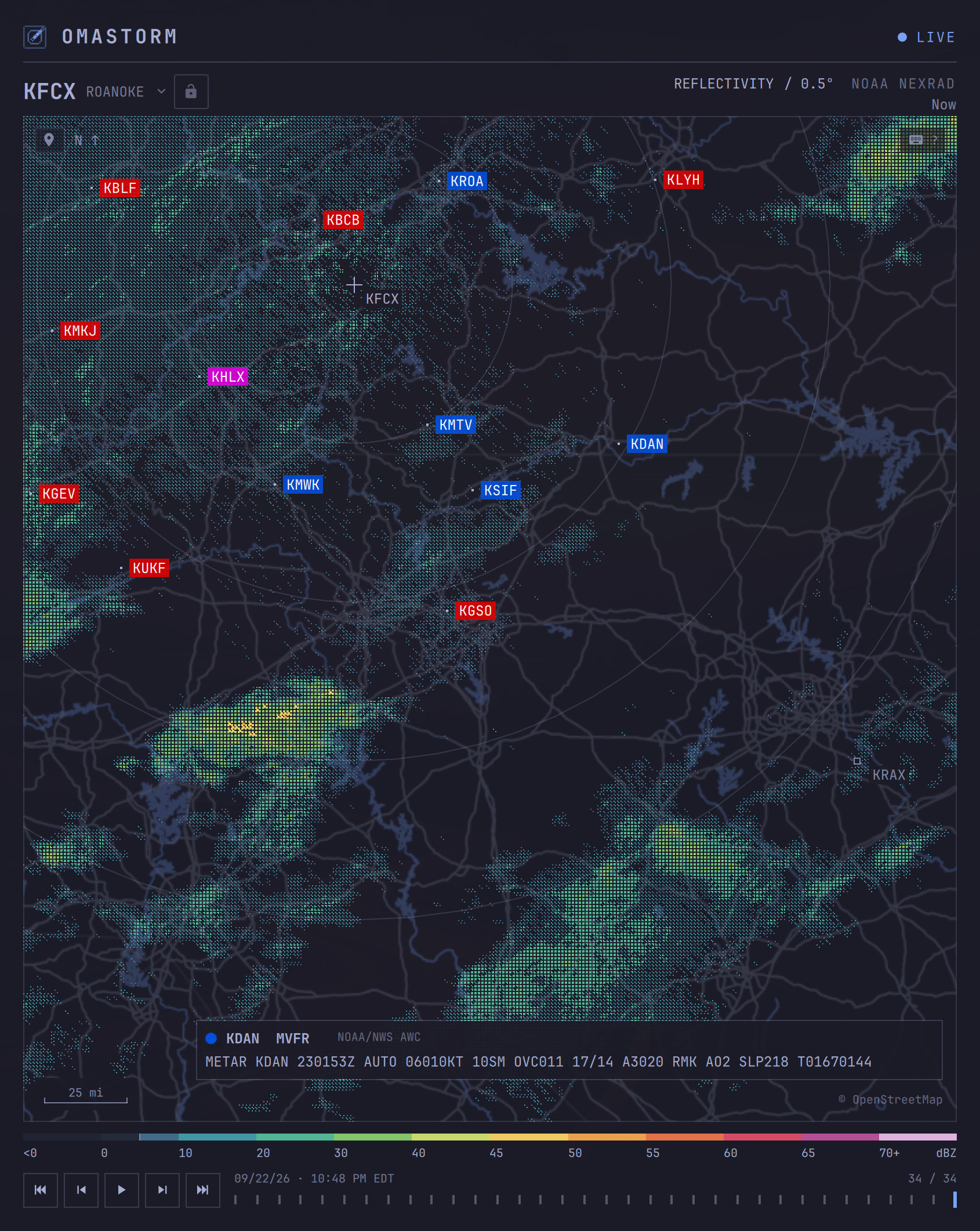 Omastorm radar window with color-coded airport codes and the raw METAR for KDAN.