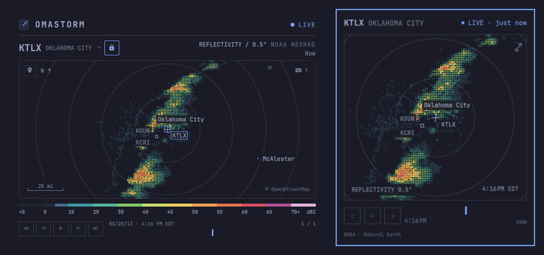 Omastorm’s full radar window beside its compact bar popover.