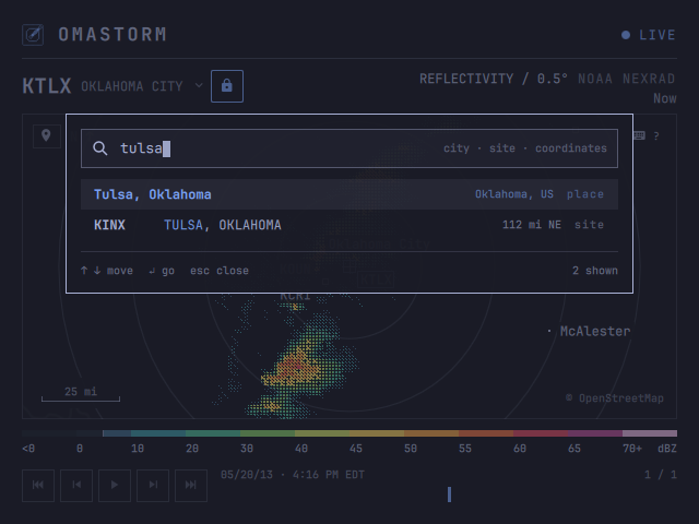 Search results for a city in the radar window.