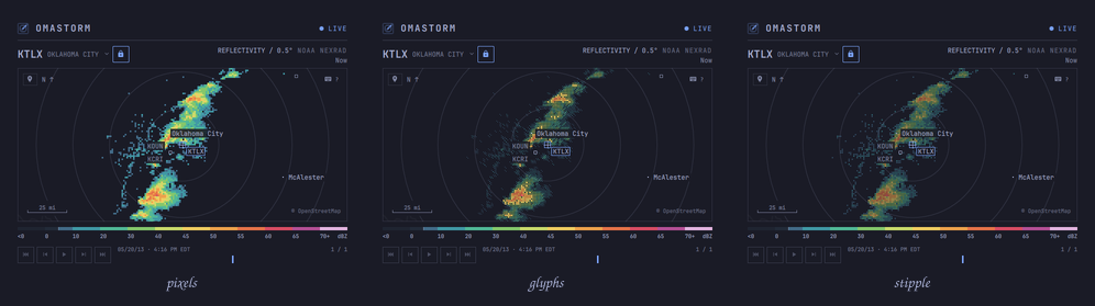 Pixels, Glyphs, and Stipple treatments of the same radar sweep.