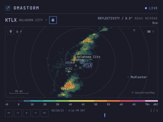 Omastorm radar window in the dark Tokyo Night theme.